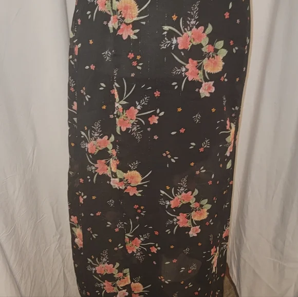 Topshop Black & Pink Floral Print Midi Dress Organza Sleeves - Picture 2 of 5